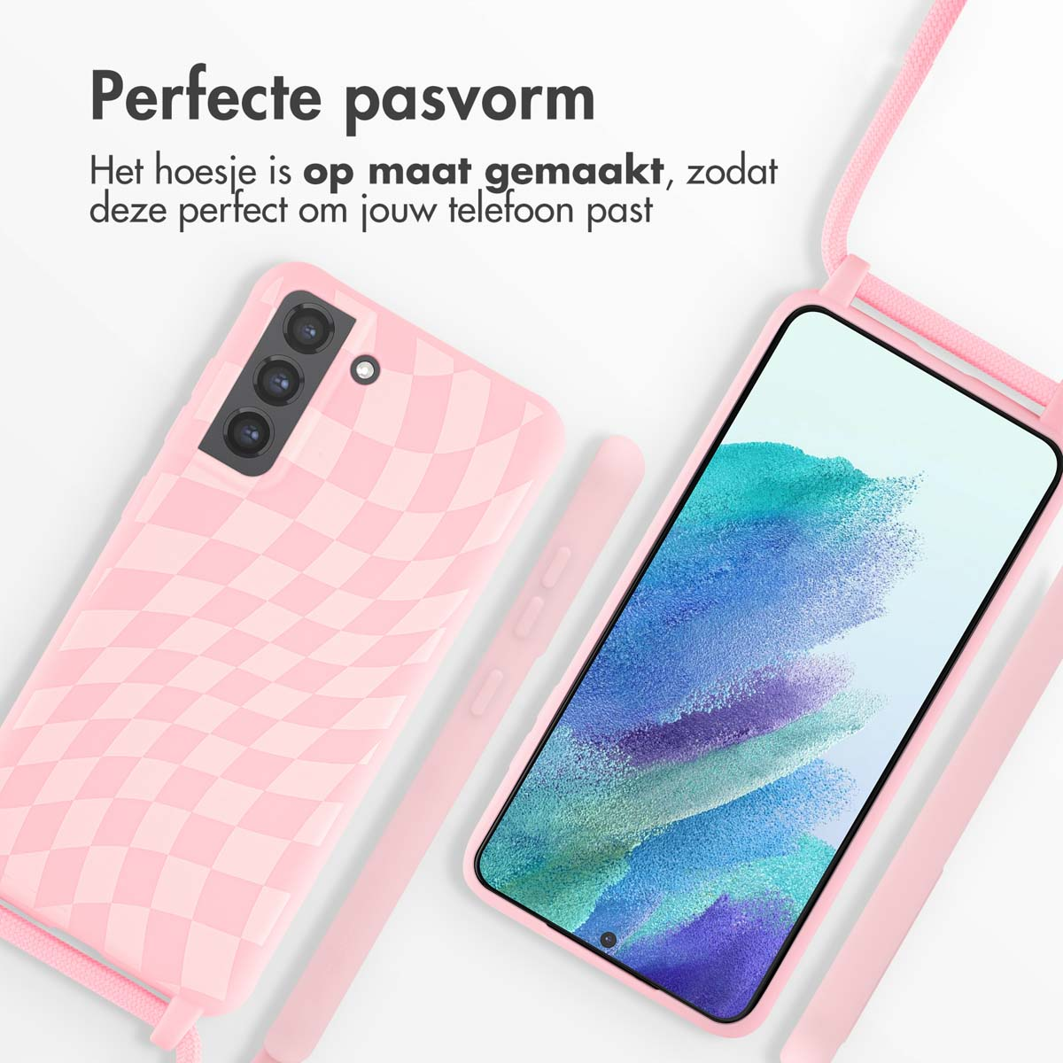 Due custodie per telefoni con motivo a scacchi rosa. Una penna stilo rosa e testo: Vestibilità perfetta.
