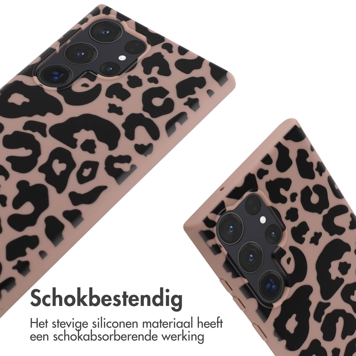 Twee telefoonhoesjes met luipaardprint. De achtergrond is wit. De hoesjes zijn roze en zwart.