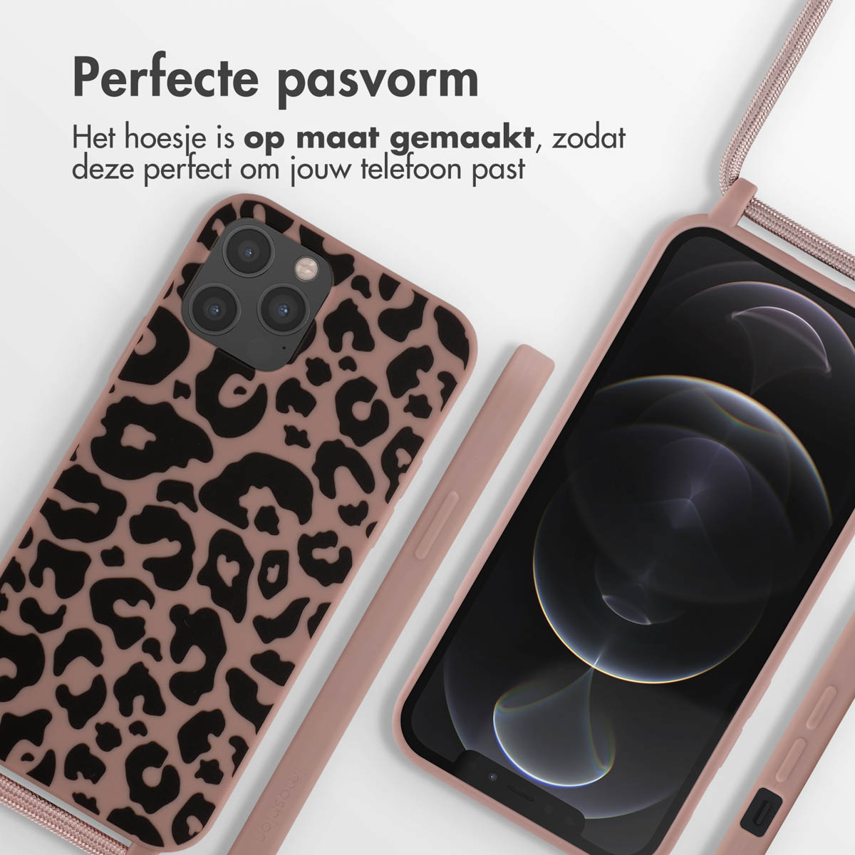 Eine rosa Handyhülle mit Leopardenflecken, neben einem Telefon mit rosa Hülle und Riemen.
