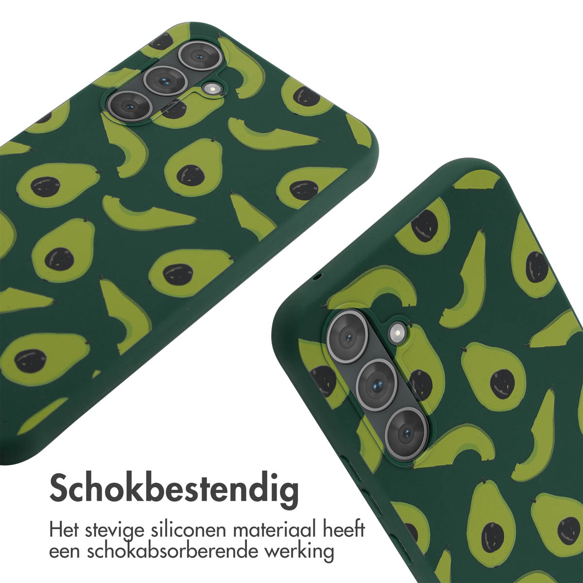 Deux coques de téléphone, vertes avec motif d'avocat. Le fond est blanc. Les coques sont en gros plan.