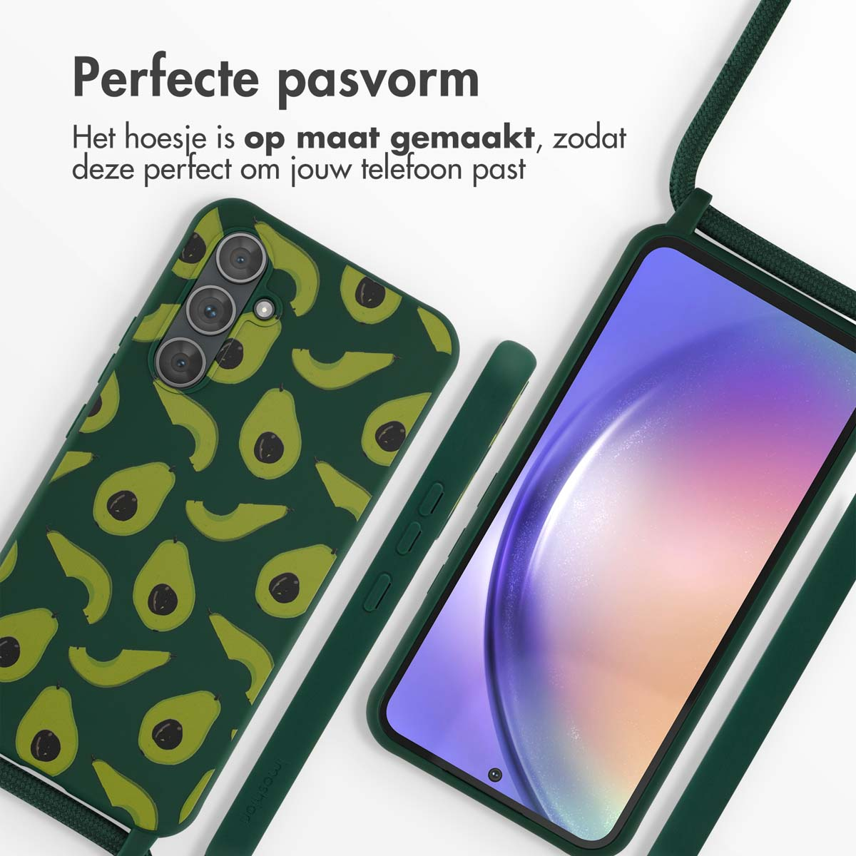 Deux coques de téléphone, une avec motif avocat et l'autre avec écran. Les deux ont des sangles.