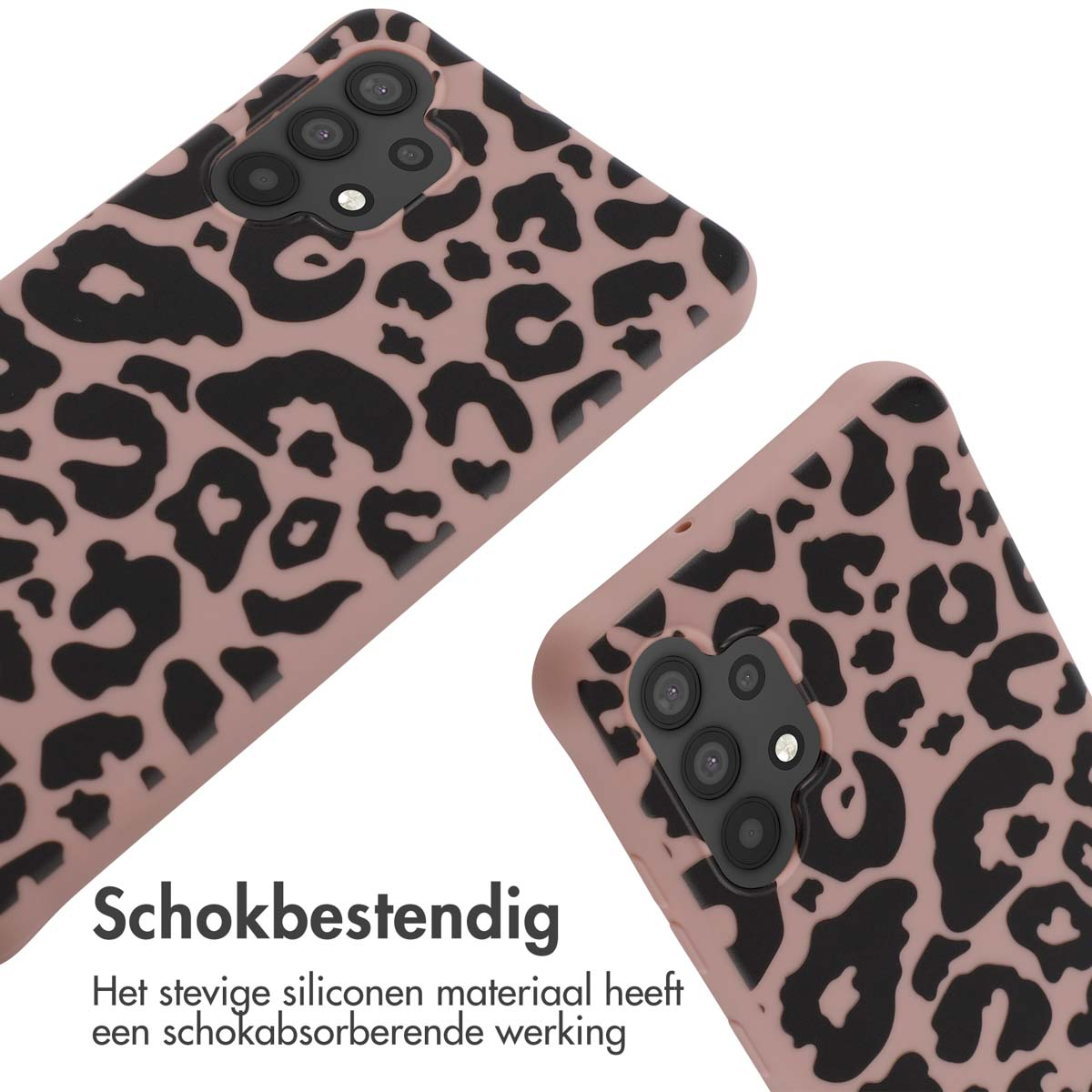 Twee telefoonhoesjes met een luipaardprint. De tekst 'Schokbestendig' is zichtbaar.
