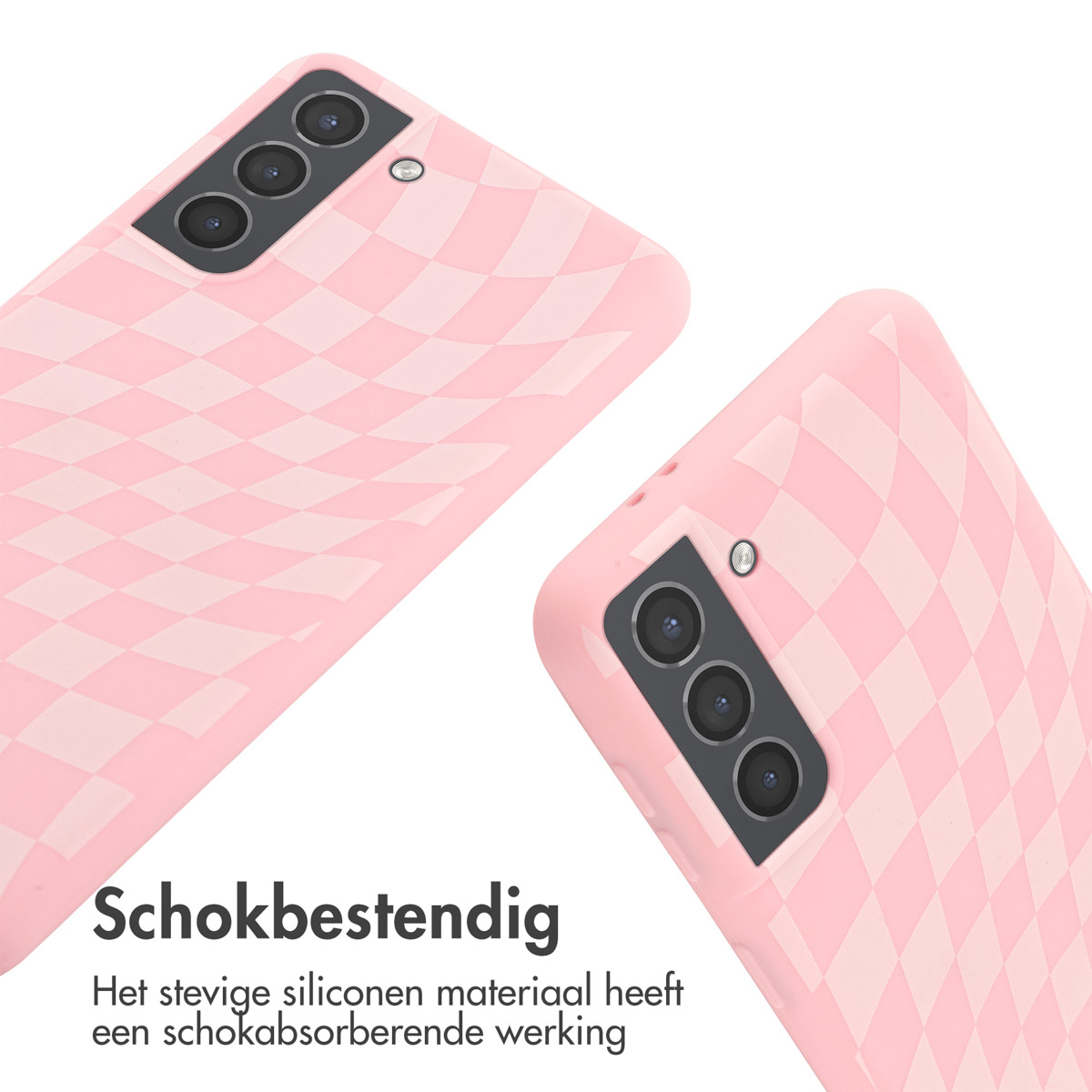 Twee roze telefoonhoesjes met een ruitpatroon. Beide hoesjes tonen een camera.