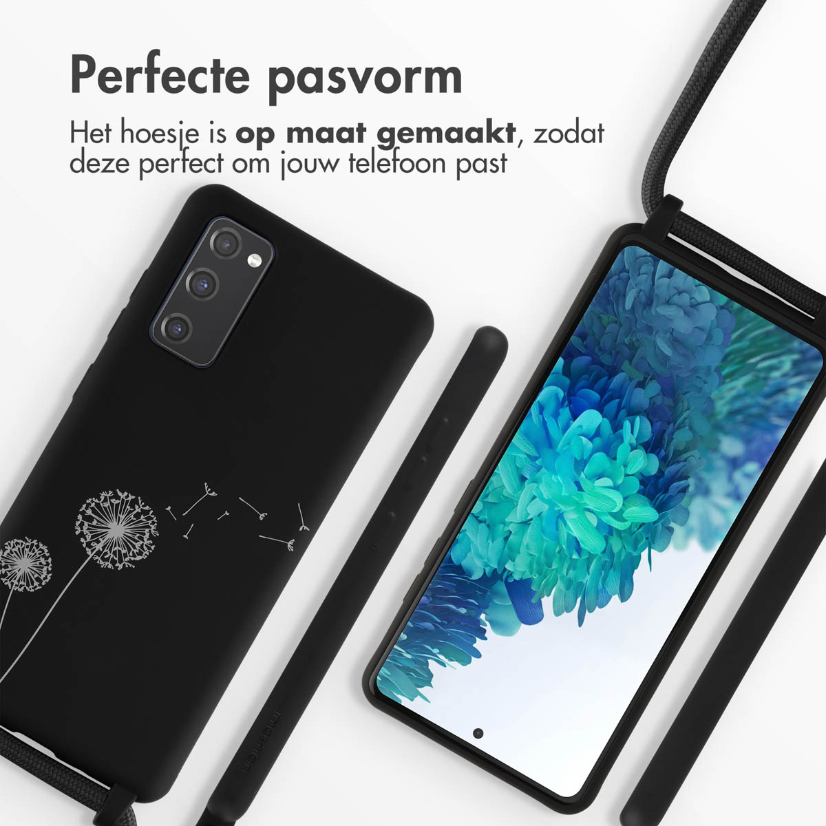 Sono mostrate due custodie nere per telefono con disegni di soffioni. Una custodia è su un telefono con un cordino.