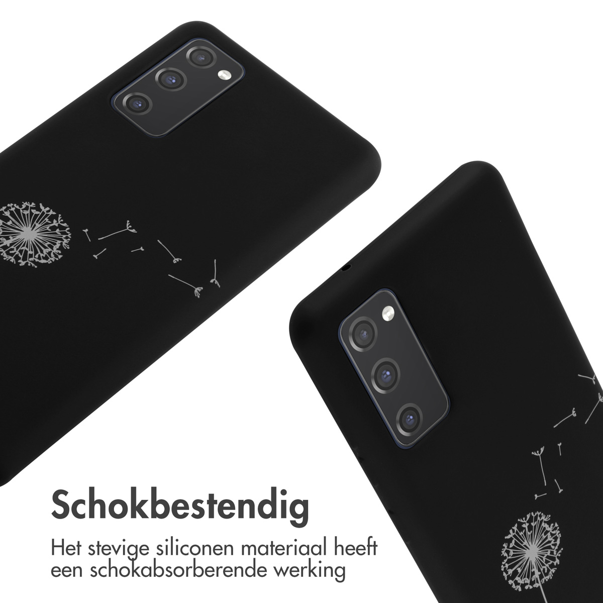 Due custodie per telefono nere con un disegno di dente di leone. Una a sinistra e una a destra. Entrambe le custodie mostrano una fotocamera.
