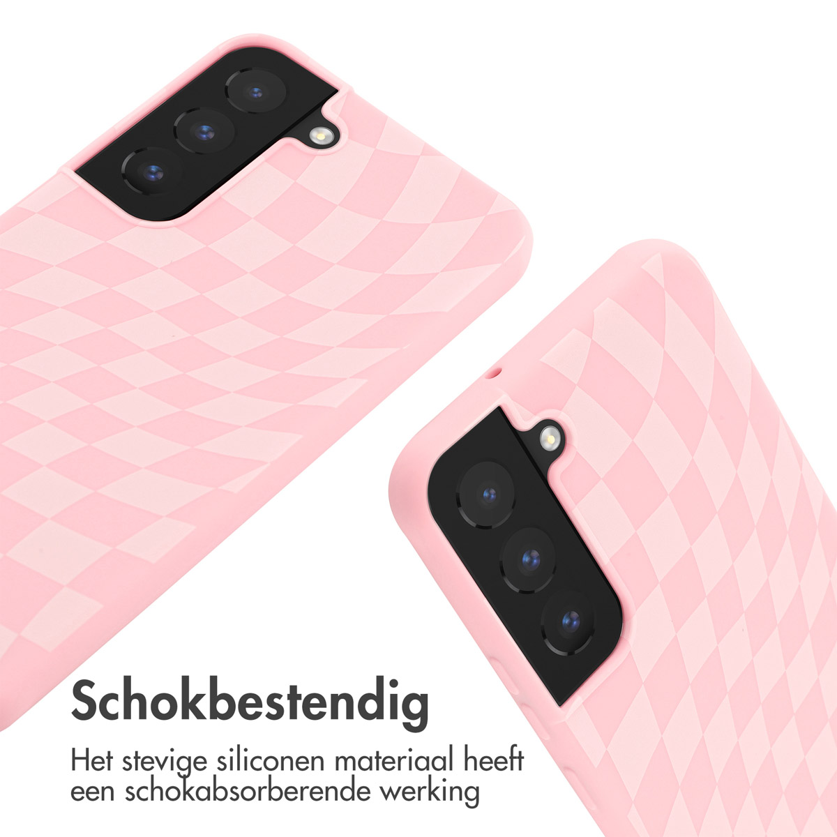 Roze telefoonhoesjes met een ruitpatroon. Tekst: Schokbestendig.