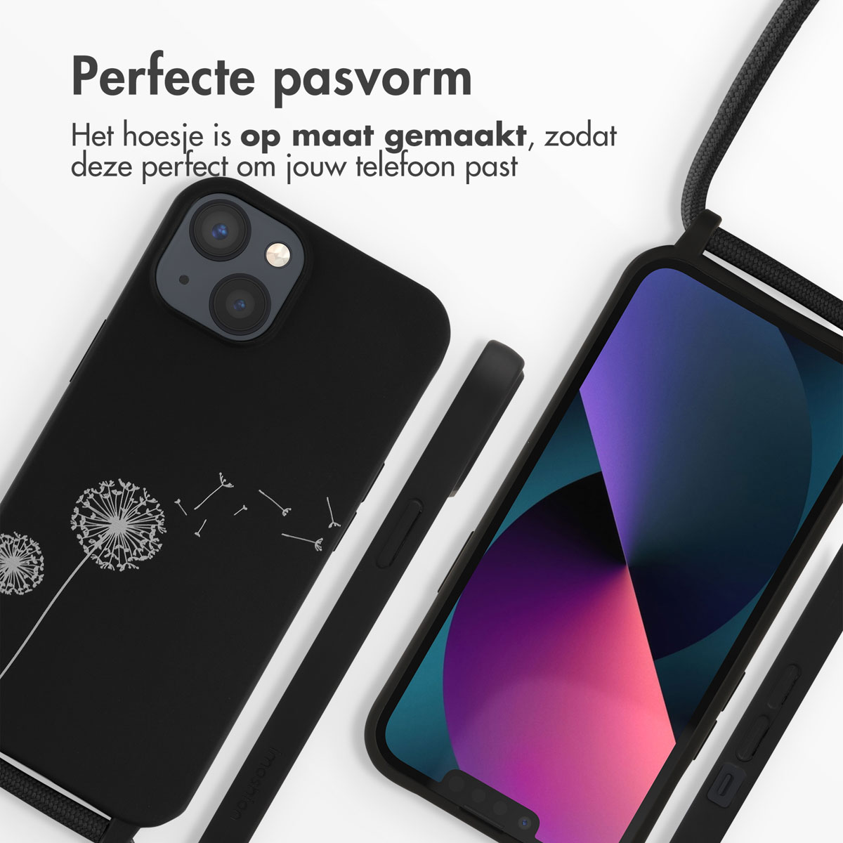 Er worden twee zwarte telefoonhoesjes met paardenbloemontwerpen getoond. Eén hoesje zit op een telefoon met een koord.