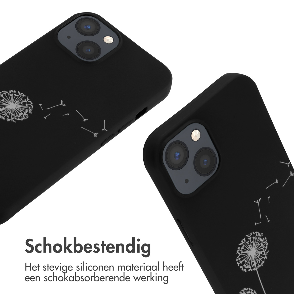 Twee zwarte telefoonhoesjes met witte paardenbloemprint. Witte achtergrond.