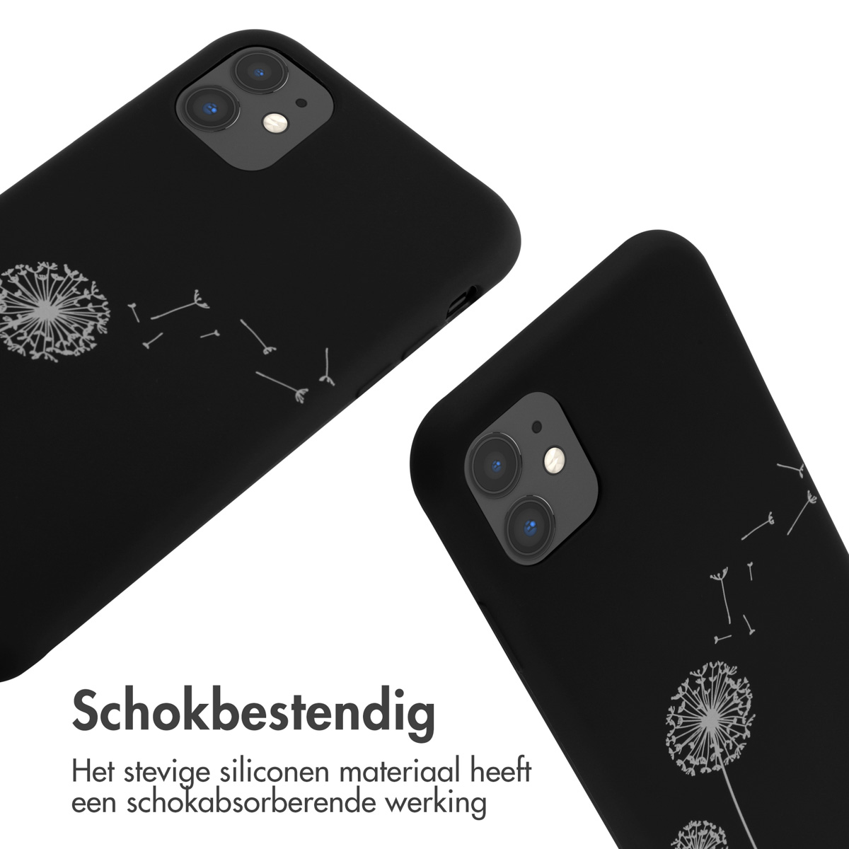 Zwei schwarze Handyhüllen mit weißen Pusteblumen-Drucken. Eine Hülle ist abgewinkelt.