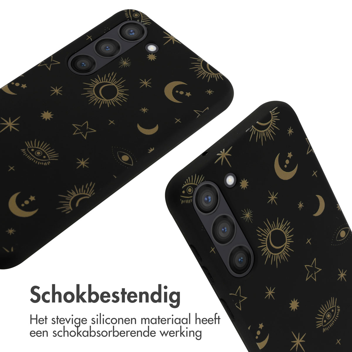 Twee zwarte telefoonhoesjes met een gouden ster- en zonontwerp. Beide hoesjes tonen een camera.