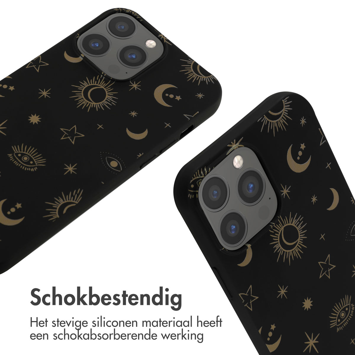 Twee zwarte telefoonhoesjes met gouden patronen, schuin, witte achtergrond.