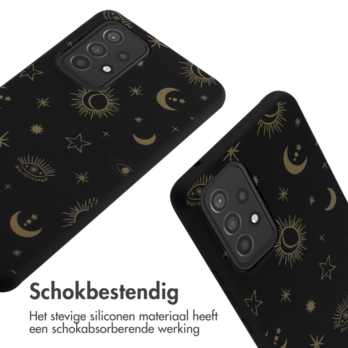 Deux coques de téléphone noires avec des motifs célestes dorés. Une inclinée vers le spectateur. Fond blanc.