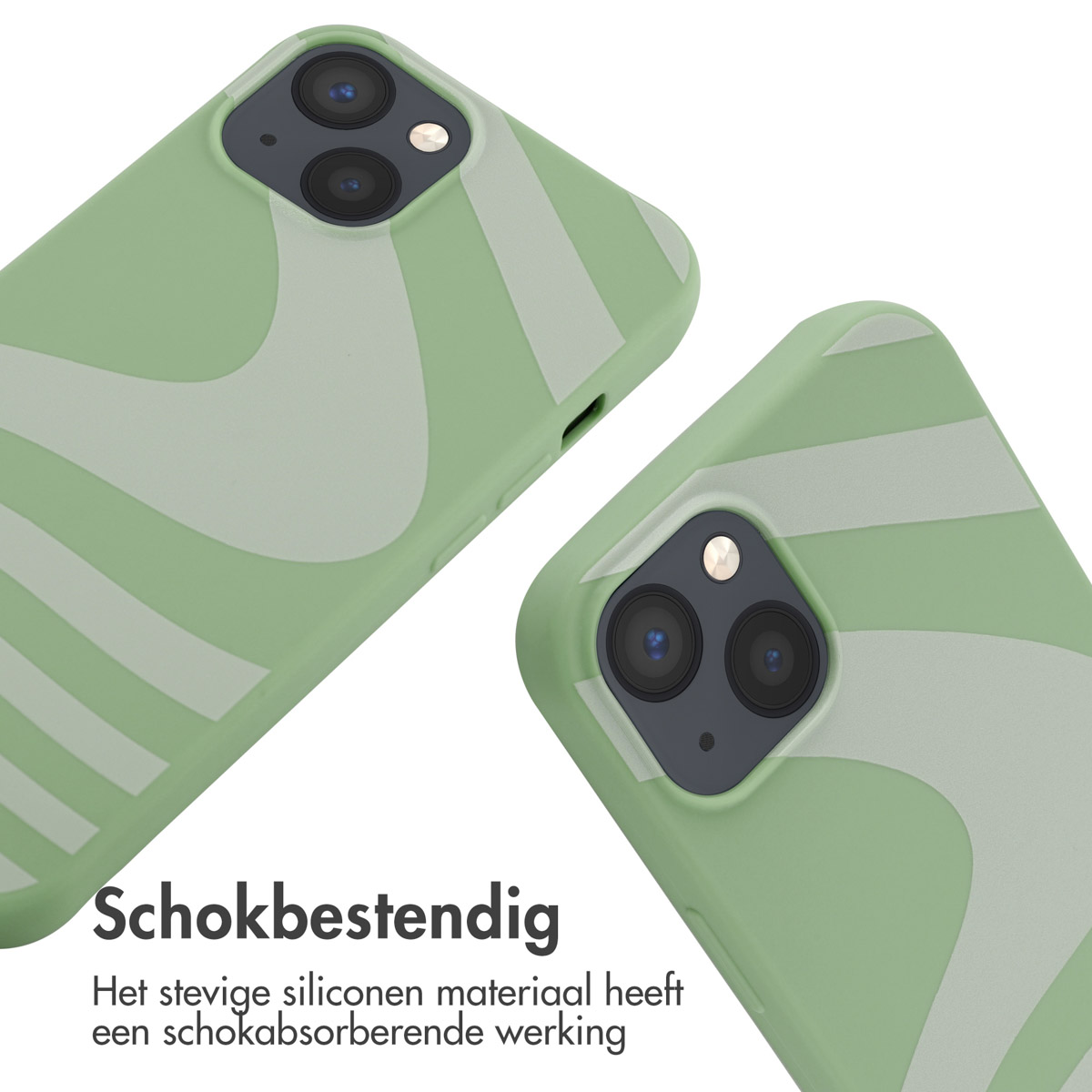 Groene telefoonhoesjes met een golfpatroon. Tekst: Schokbestendig.