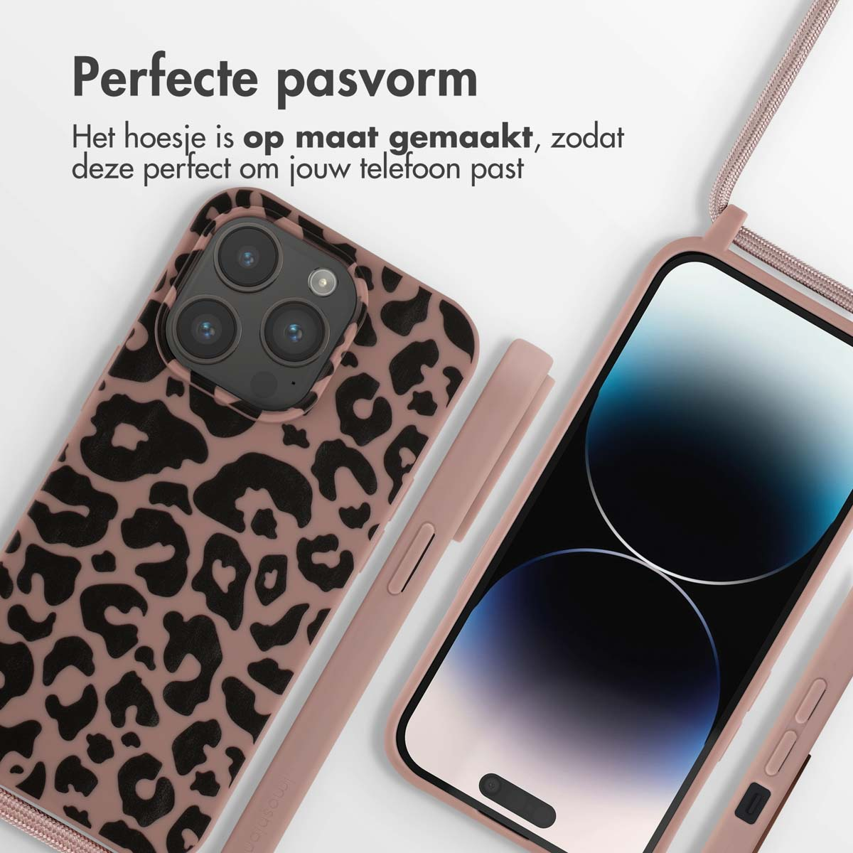 Telefoonhoesje met luipaardprint, en een telefoon met luipaardprint hoesje en roze band.