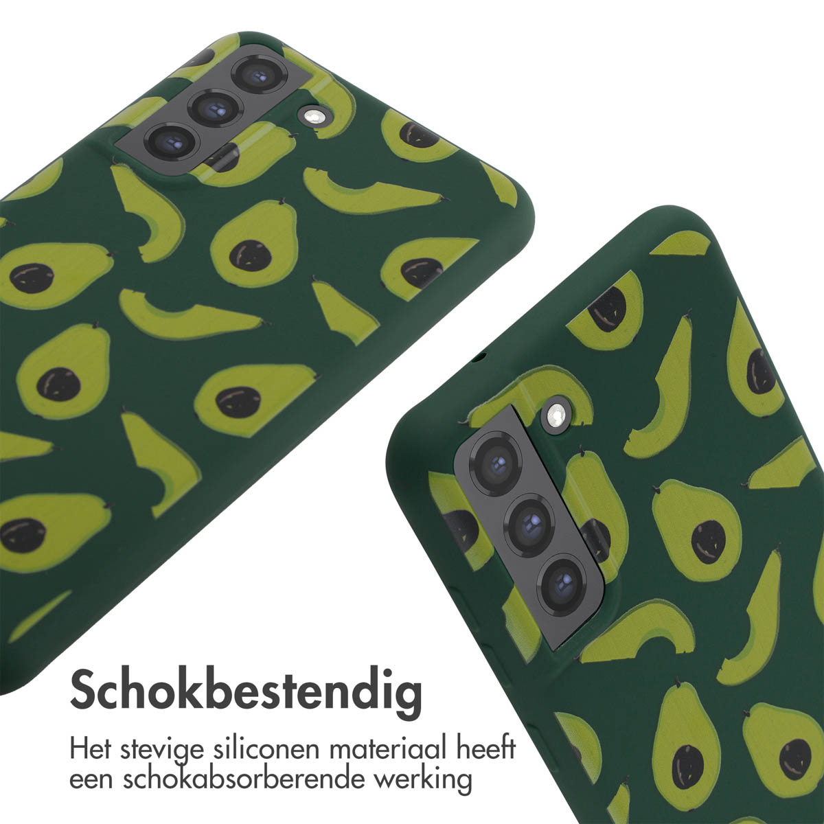 Twee telefoonhoesjes met avocadopatroon, groene avocado's op een donkergroene achtergrond.