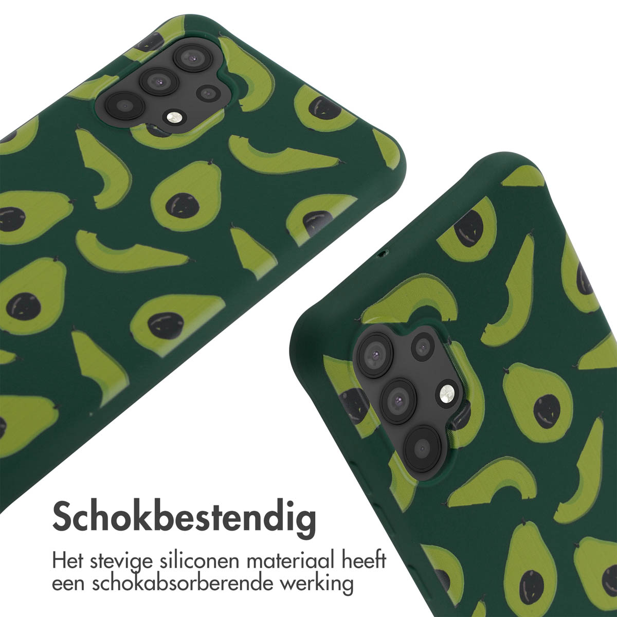 Twee telefoonhoesjes met avocadopatroon, groene avocado's op een donkergroene achtergrond.