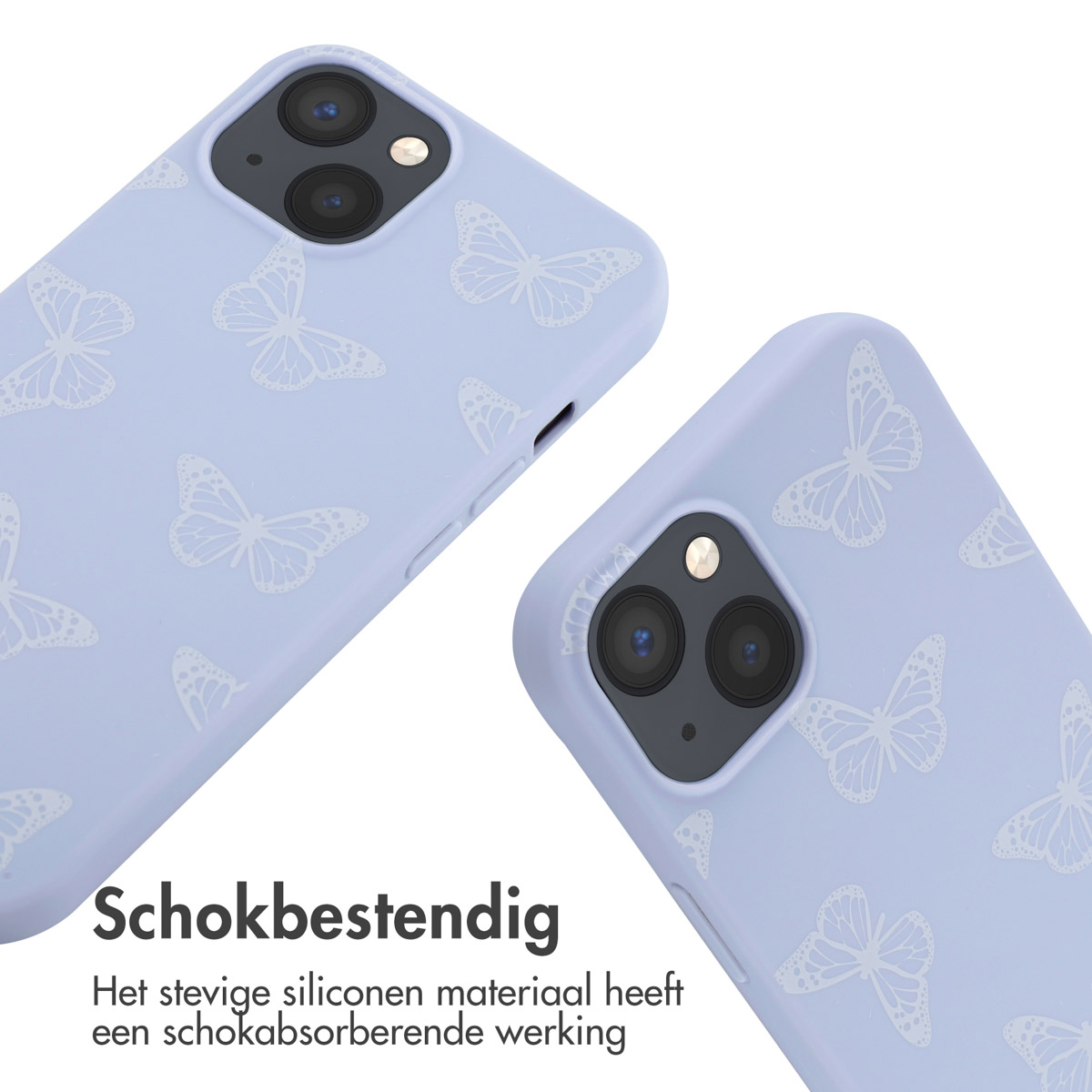 Twee lichtpaarse telefoonhoesjes met witte vlinderpatronen. De hoesjes hebben een lichtpaarse achtergrond.