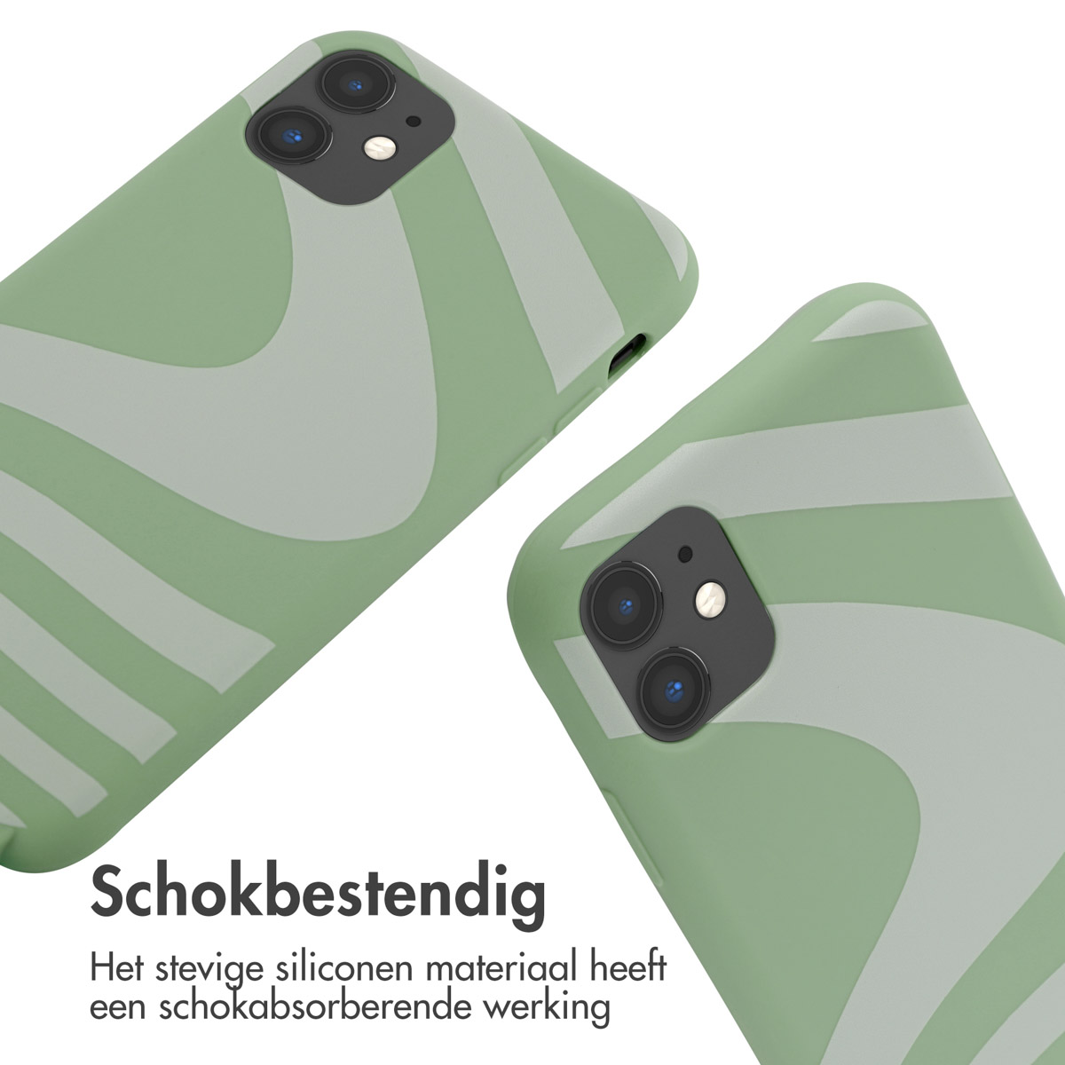 Zwei Handyhüllen, hellgrün mit weißem geschwungenen Linienmuster, auf weißem Hintergrund.