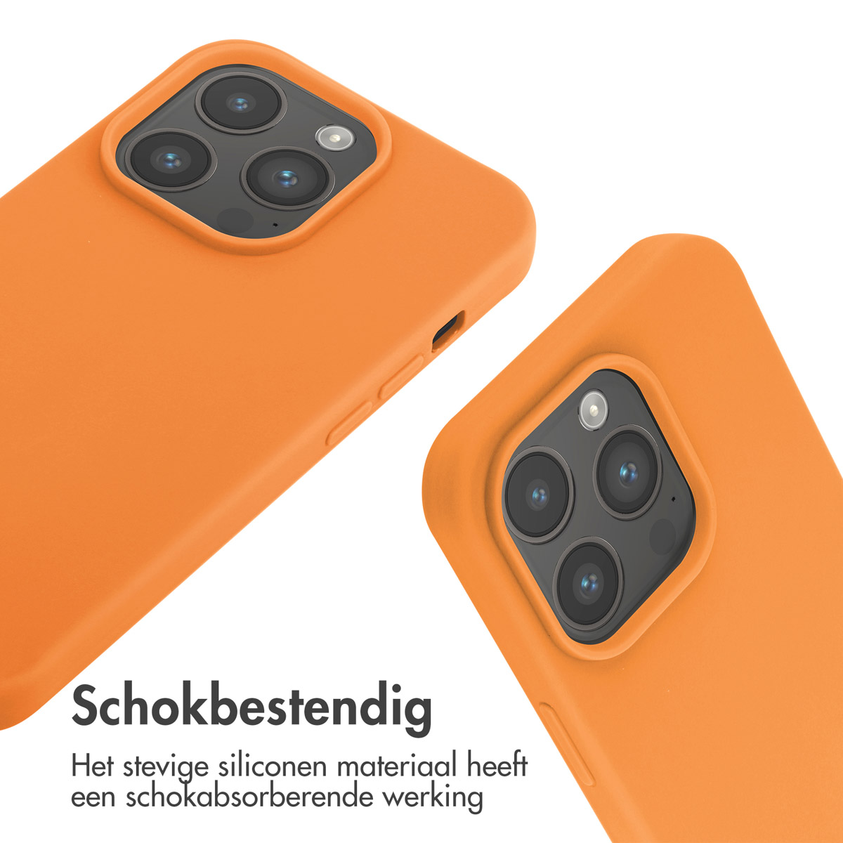 Twee oranje telefoonhoesjes, één met zichtbare cameralenzen, witte achtergrond.