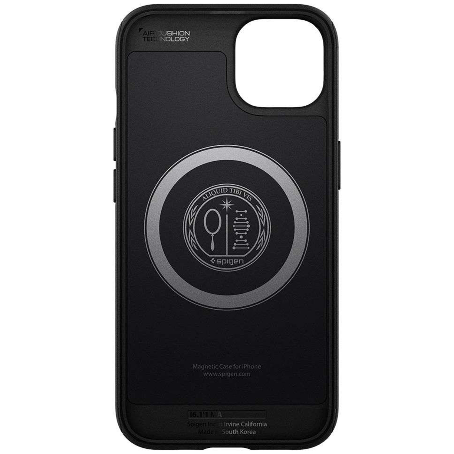 Een zwarte telefoonhoes met zilveren logo. De hoes is voor een iPhone.