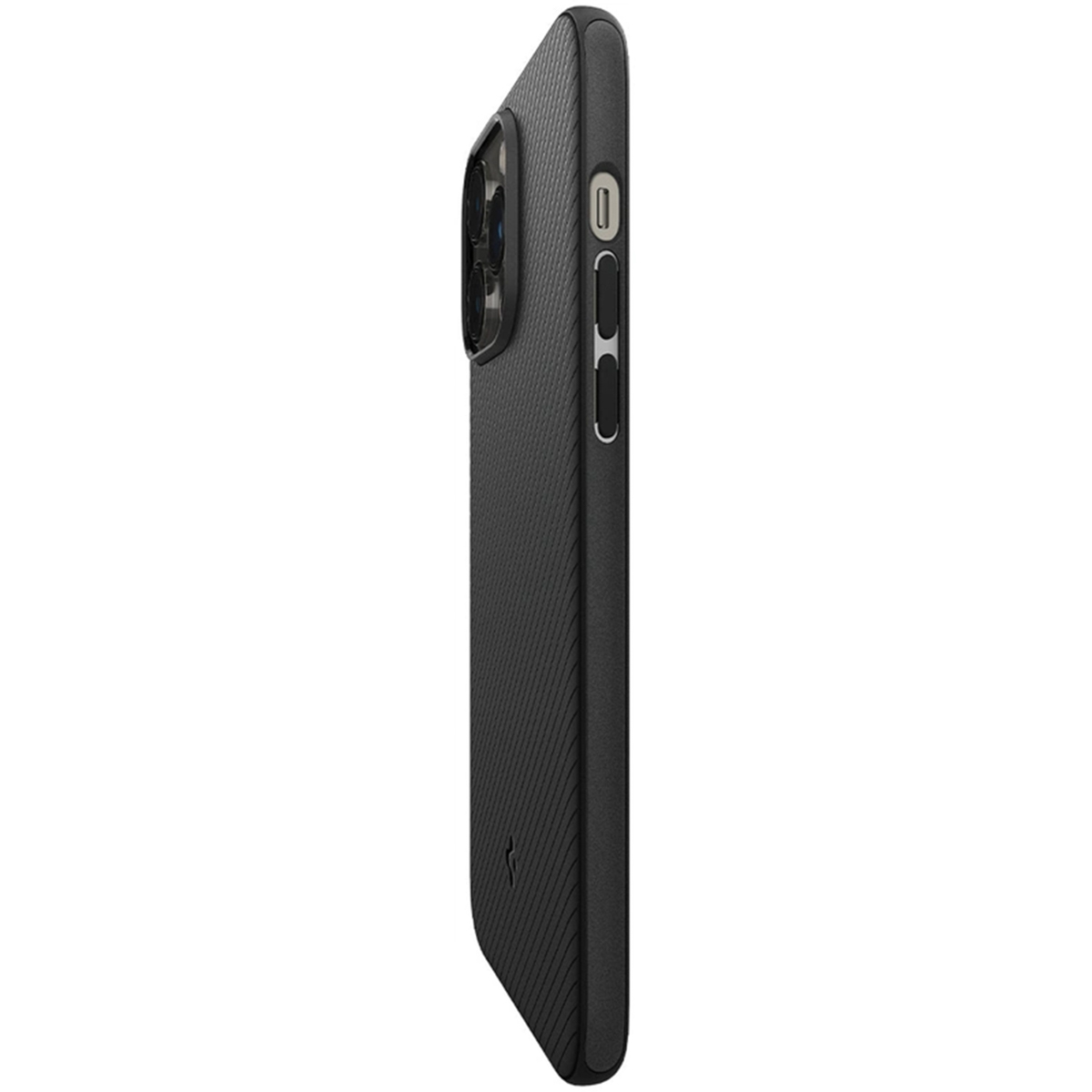 Custodia per telefono nera, vista laterale. La custodia ha una superficie strutturata e pulsanti della fotocamera.