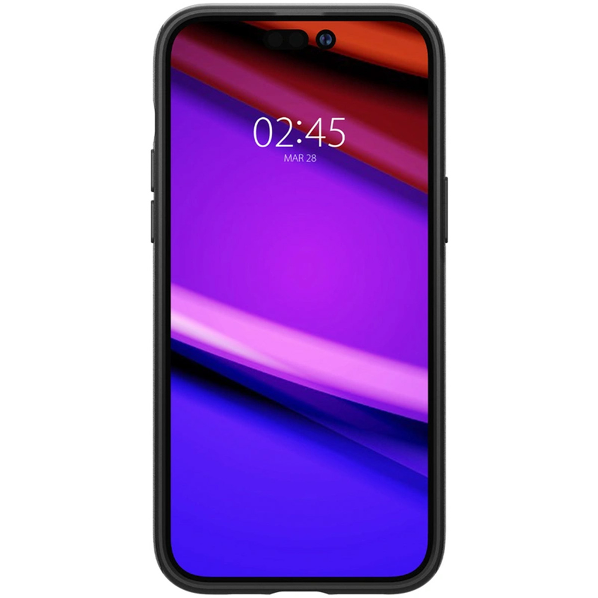 Un telefono con una custodia nera, che mostra uno schermo con ora e data. Lo sfondo è viola e rosso.