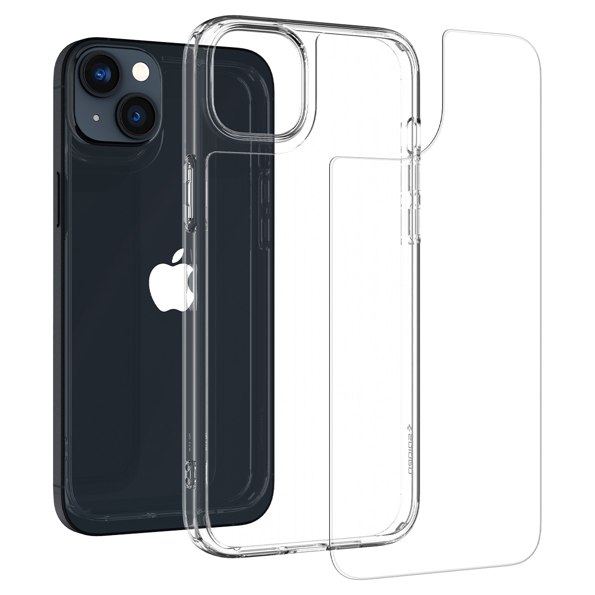 Telefono nero all'interno di una custodia trasparente, con protezione schermo trasparente, sfondo bianco.