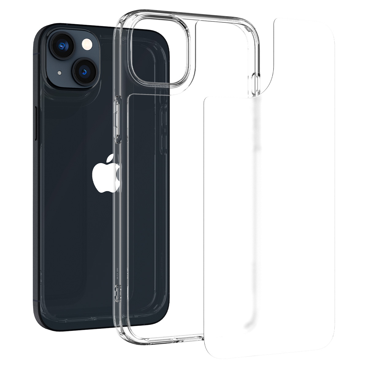 Czarny telefon z przezroczystym etui. Etui częściowo zakrywa telefon.