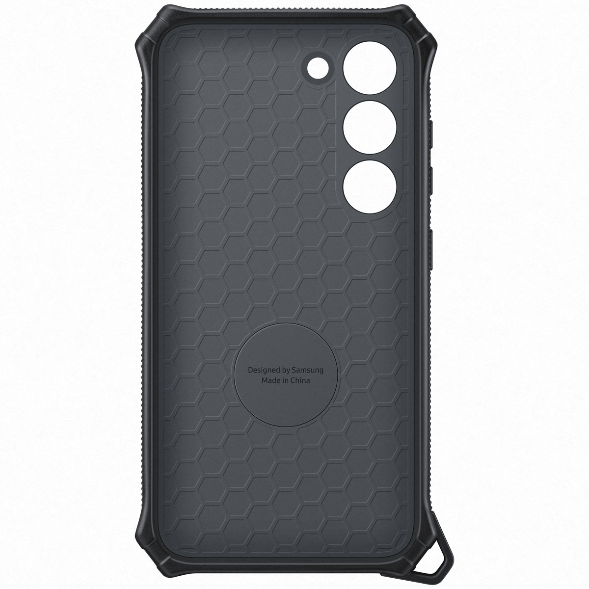Schwarze Handyhülle mit sechseckigem Muster und erhöhten Kanten. Entworfen von Samsung.
