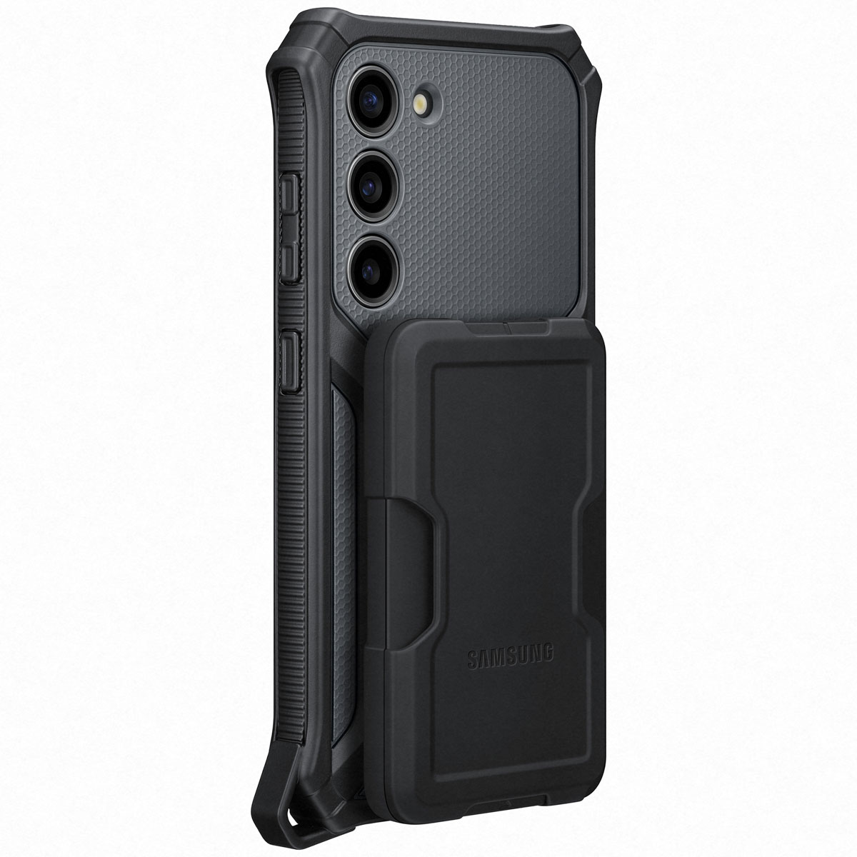 Schwarze Handyhülle mit angebrachtem Kartenhalter, mit Samsung-Logo auf der Rückseite.