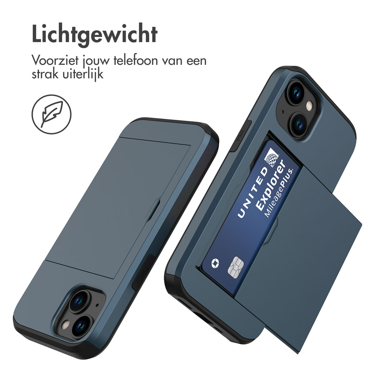 Two phone cases, a dark blue one with a card slot and a phone with a United Explorer card.