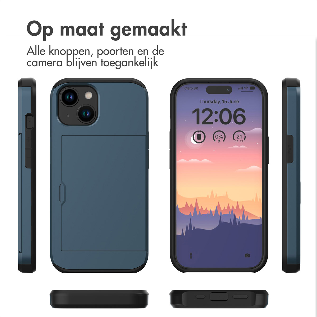 Blue phone case with a card slot. The phone shows the time and a landscape image.