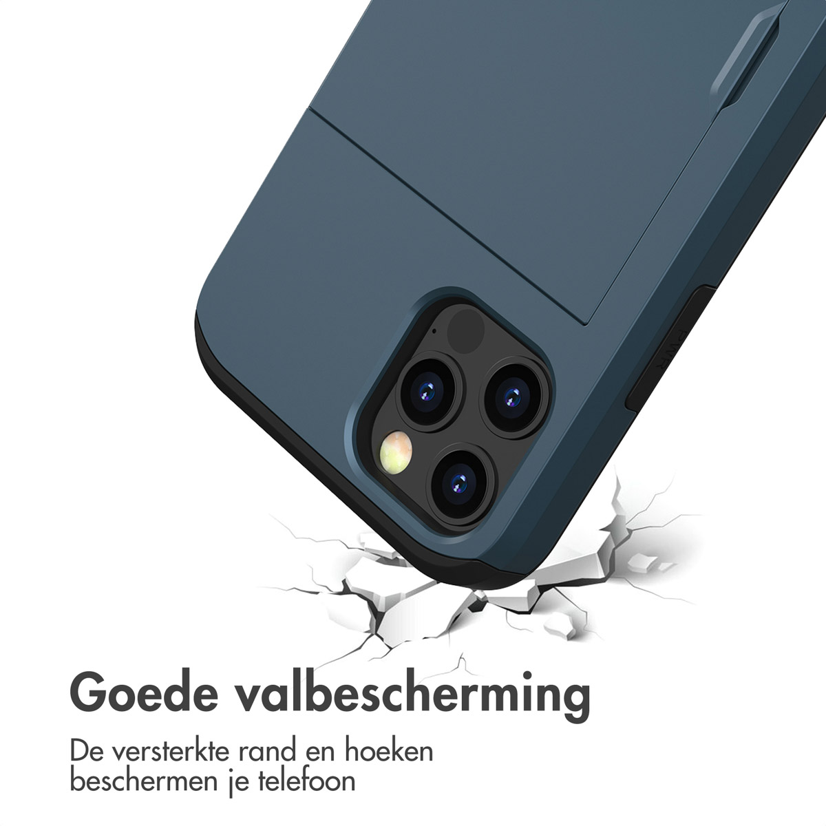 Blue phone case on cracked ground, with text 'Good drop protection'.