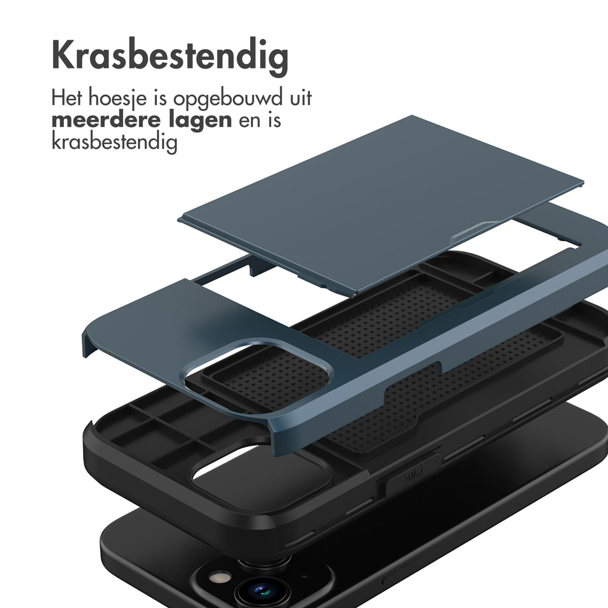 Phone case layers exploded. Blue top layer. Text: Krasbestendig. Black background.