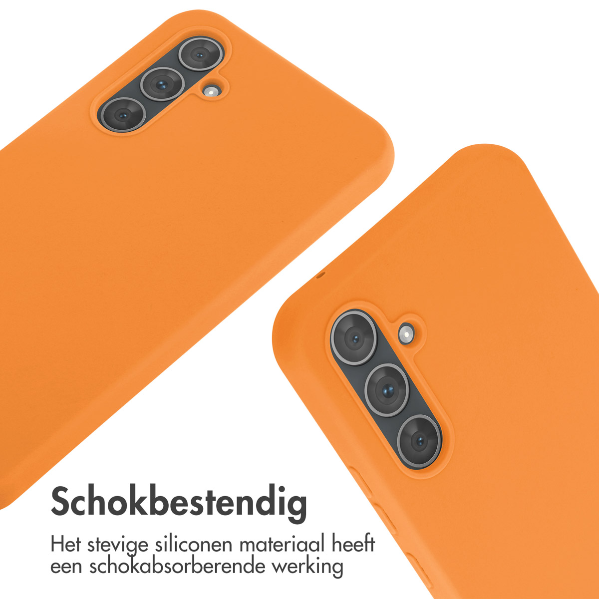 Twee oranje telefoonhoesjes, schuine weergave. Tekst: Schokbestendig. Witte achtergrond.