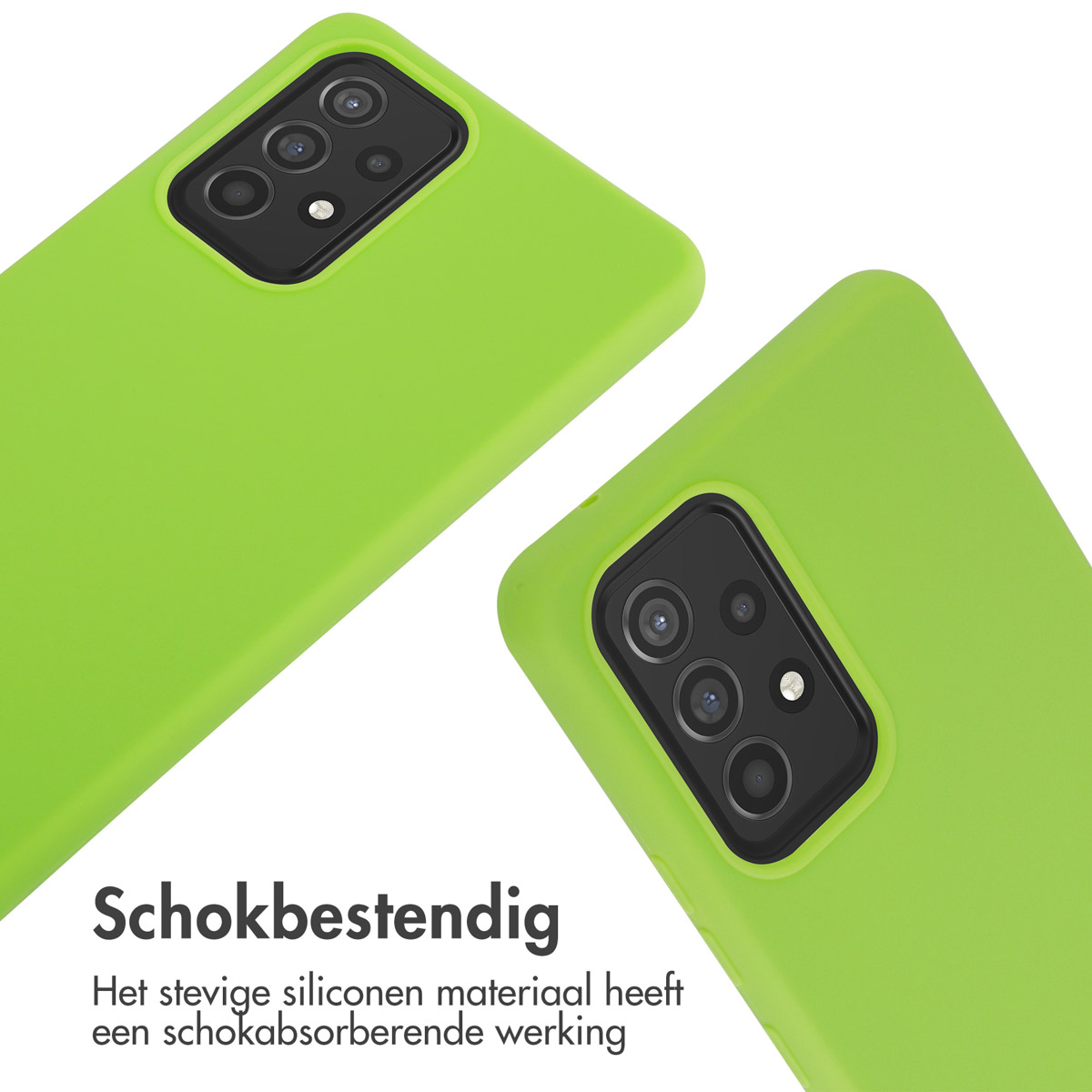 Deux coques vert citron, avec texte 'Résistant aux chocs'.