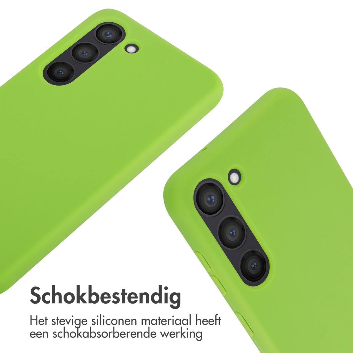 Twee groene telefoonhoesjes met camera-uitsparingen. De tekst "Schokbestendig" is zichtbaar.