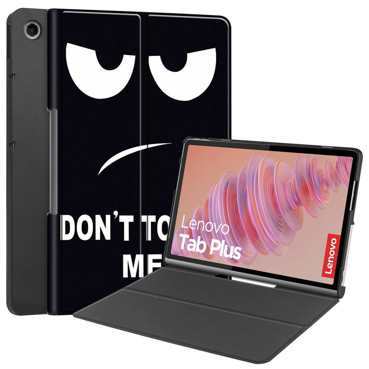 Tablet case with a black design and white text. A tablet is also visible.