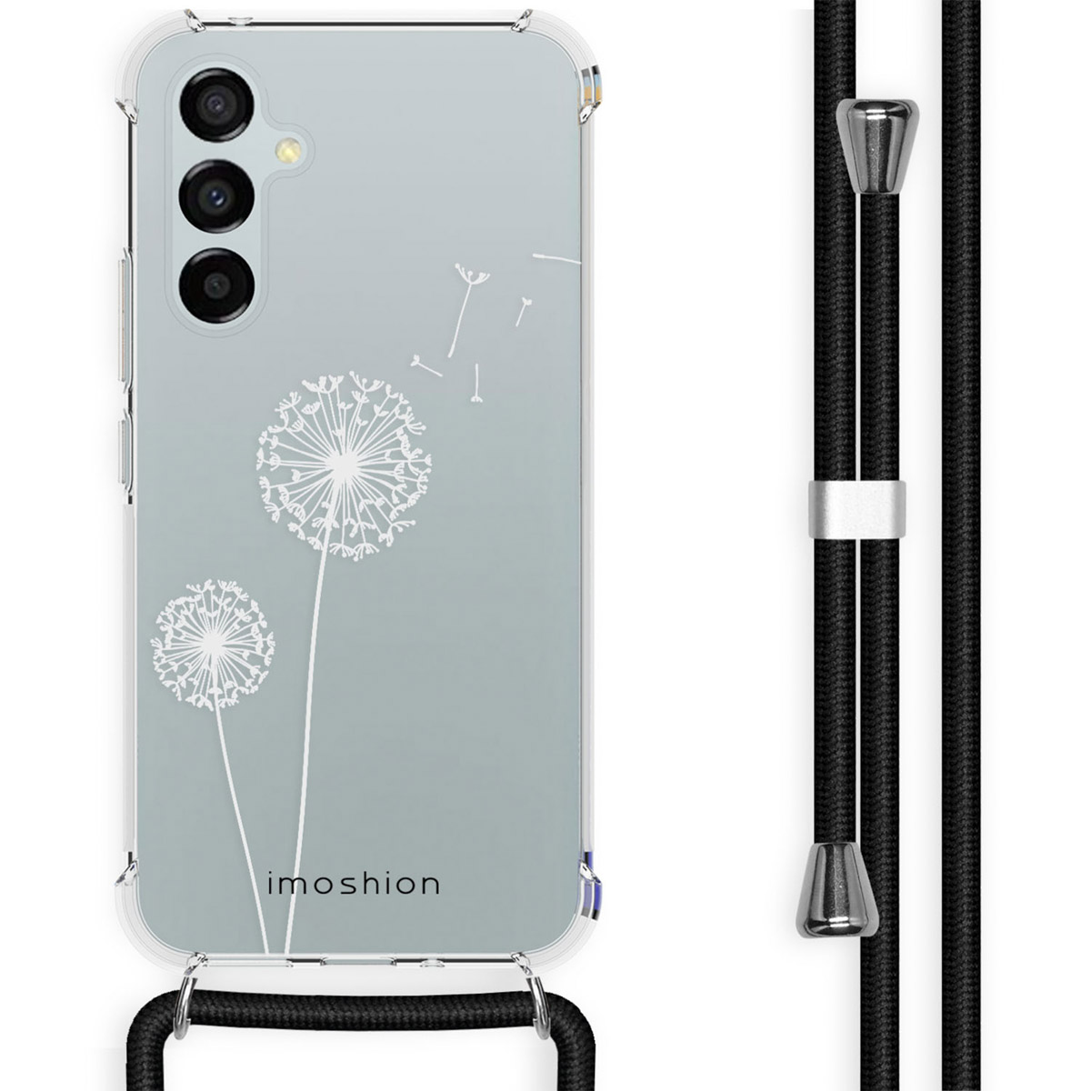 Clear phone case with dandelion design and a black lanyard.