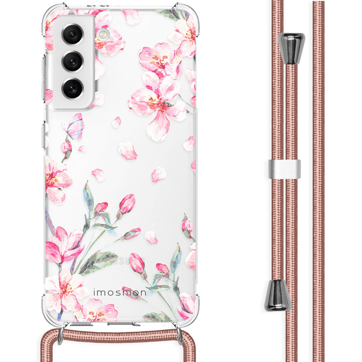 Clear phone case with pink flower design and a pink cord. Phone is visible through the case.