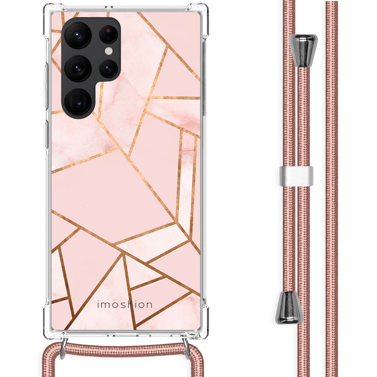 Telefoonhoesje met een geometrisch patroon van roze en gouden vormen.