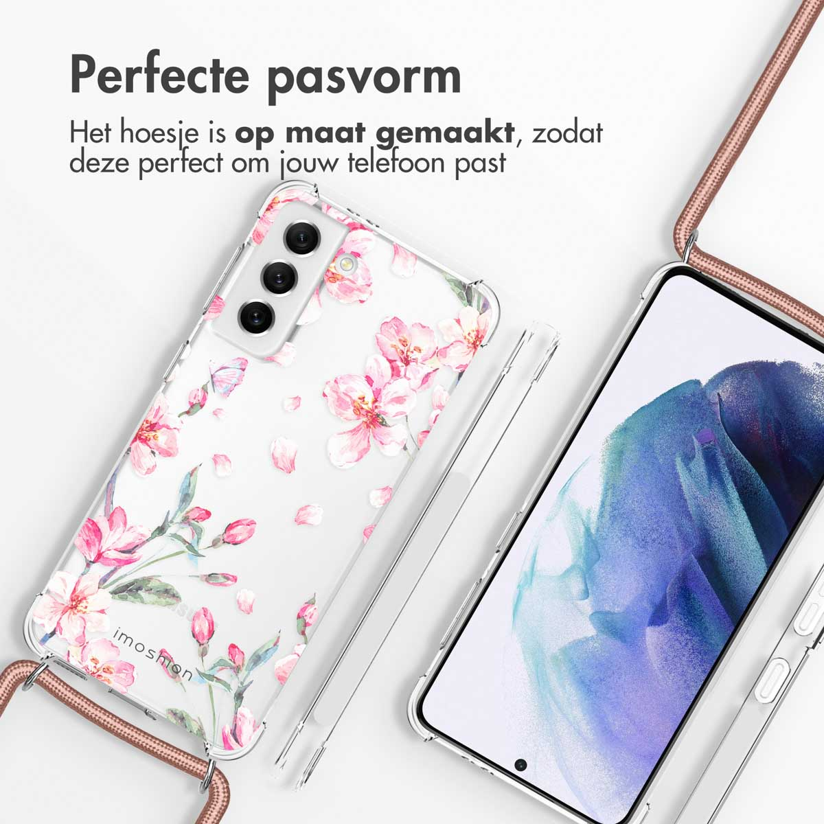 A transparent phone case with pink flowers, and a phone with blue background. A rose gold lanyard.
