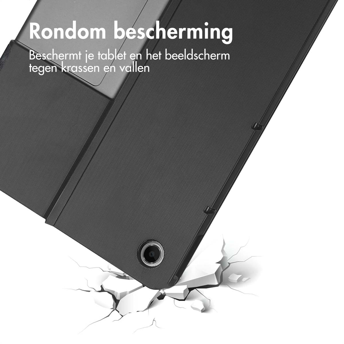 Black tablet case with broken screen. Text "Rondom bescherming" is visible.