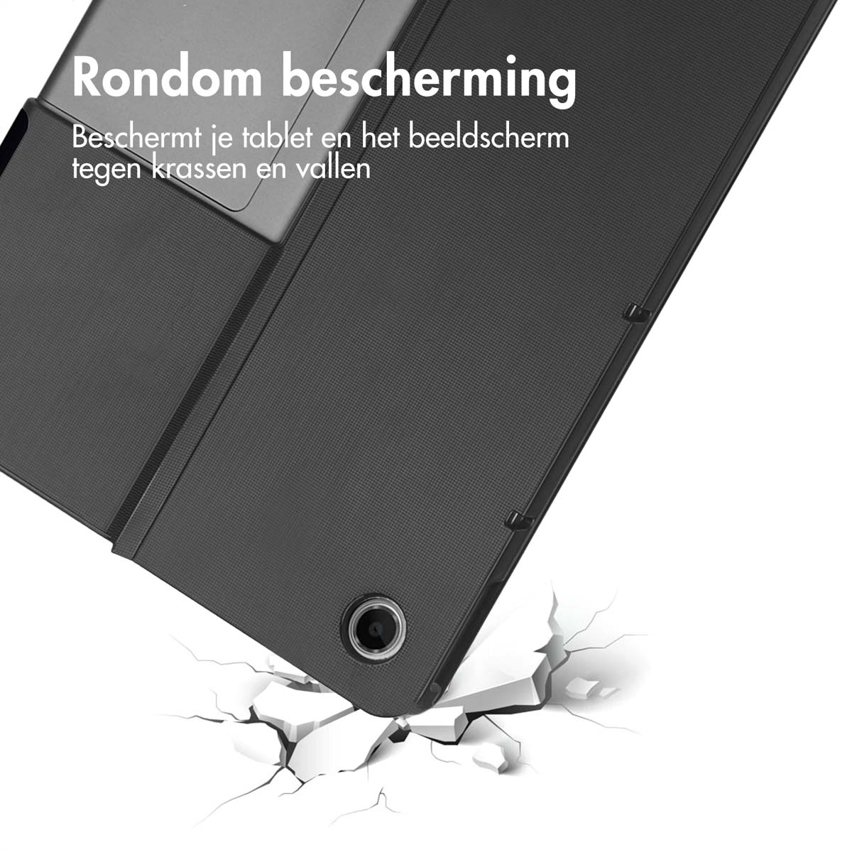 Black tablet case with a corner broken, cracking the ground. Text says 'Rondom bescherming'.