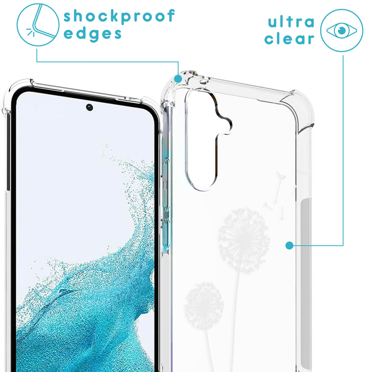 A clear phone case with a floral design and shockproof edges.