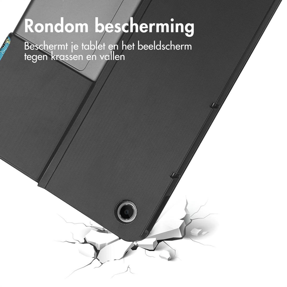 A black tablet case, partially open. A tablet is inside. The case is against a cracked surface.
