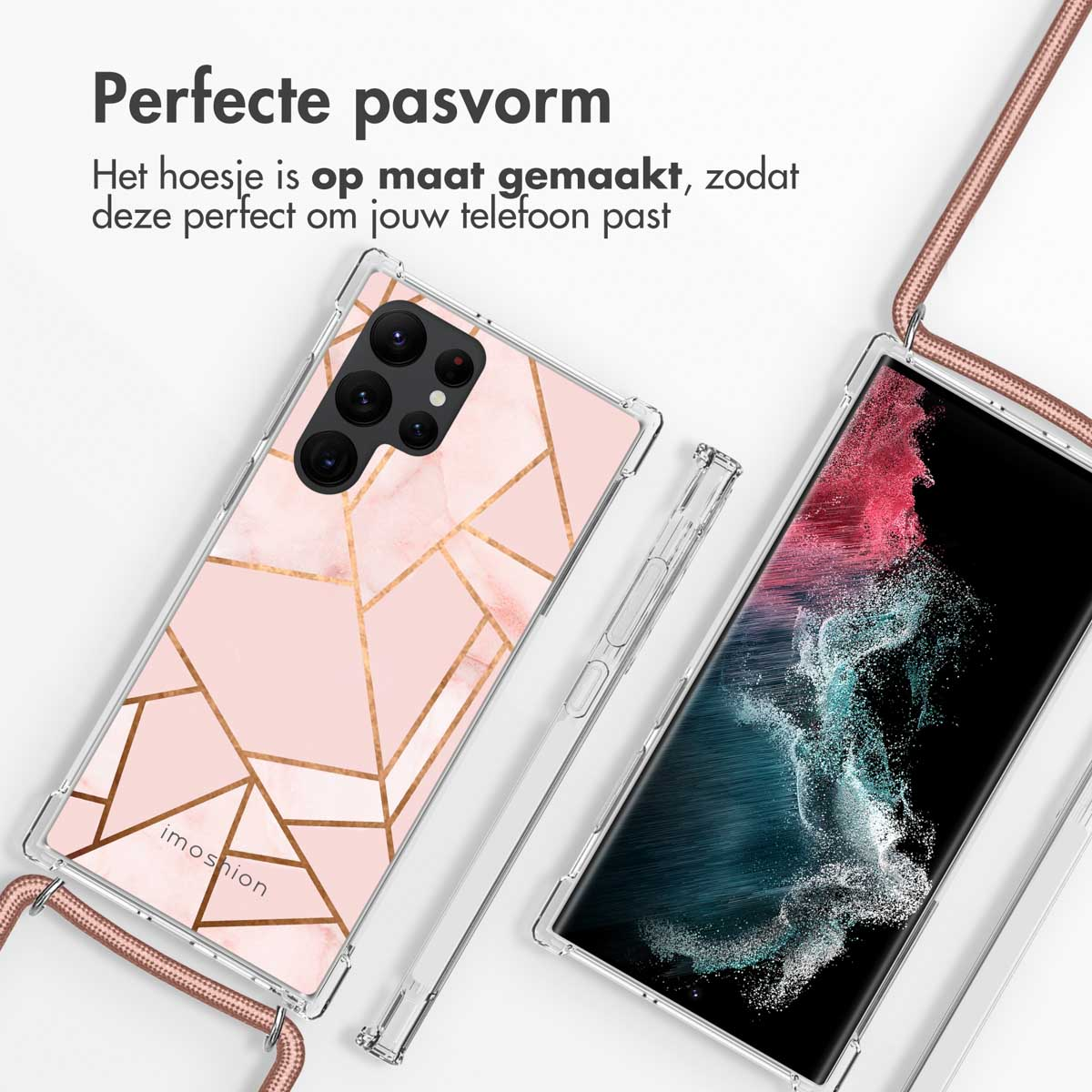 Twee telefoonhoesjes. Eén is roze met een geometrisch design, de andere is transparant.