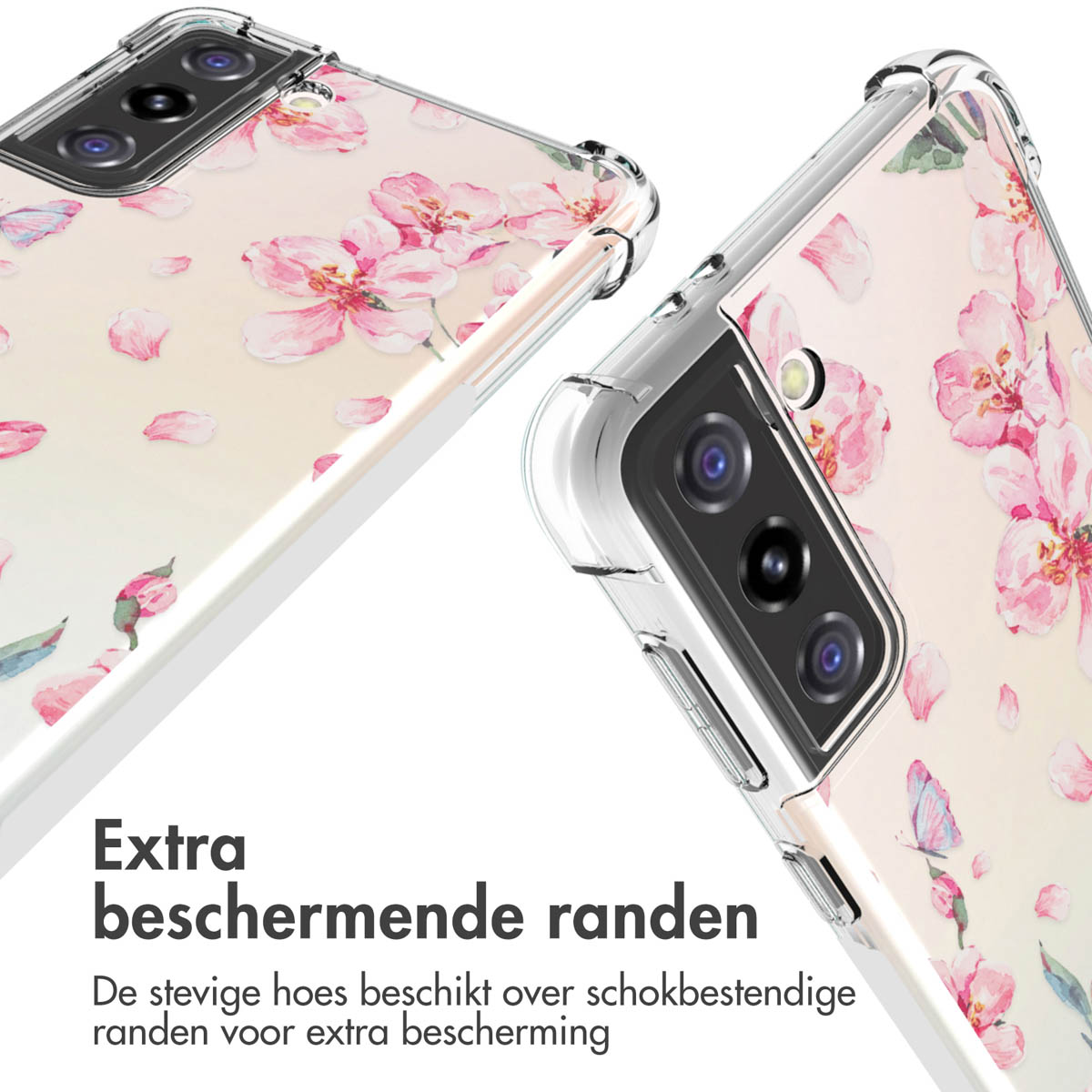 Close-up of phone cases with pink flower design. The cases show detail of the flower pattern and phone cameras.