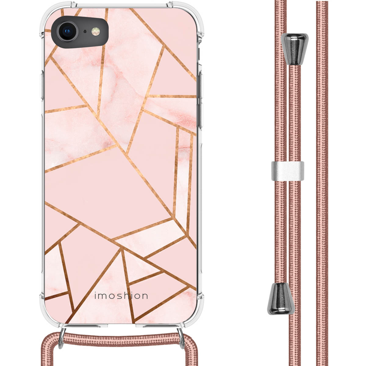 Roze telefoonhoesje met gouden geometrisch ontwerp, bevestigd aan een roze koord.