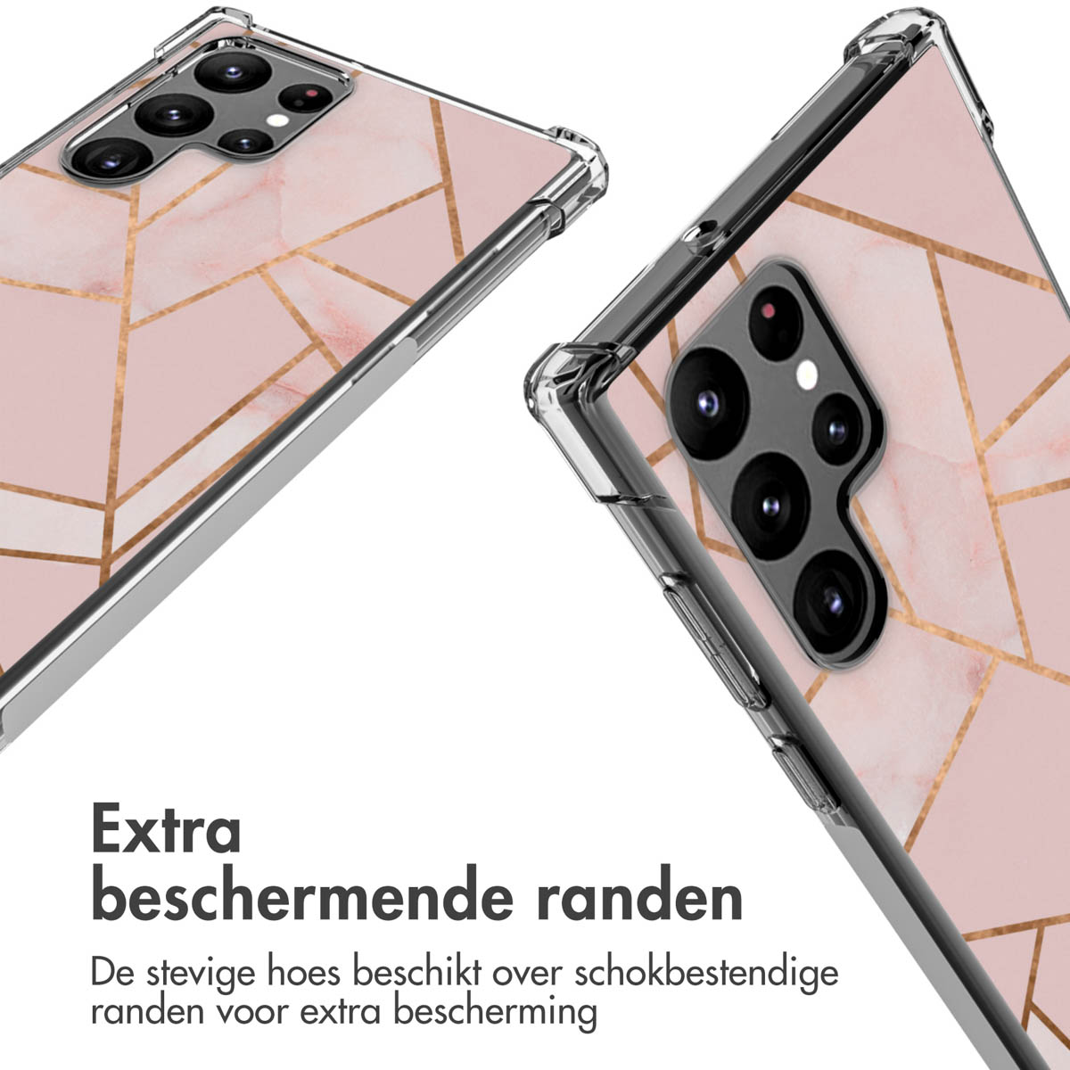Twee telefoonhoesjes met roze marmer design en gouden lijnen. Een hoesje wordt van voren en een van de zijkant getoond.